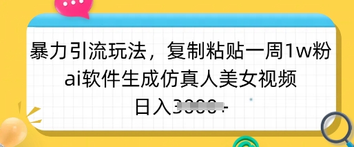 暴力引流玩法，复制粘贴一周1w粉，ai软件生成仿真人美女视频，日入多张-云推网创项目库