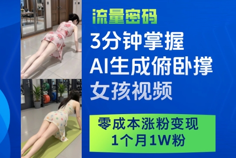 3分钟掌握AI生成俯卧撑女孩视频，零成本涨粉变现，1个月1W粉-云推网创项目库
