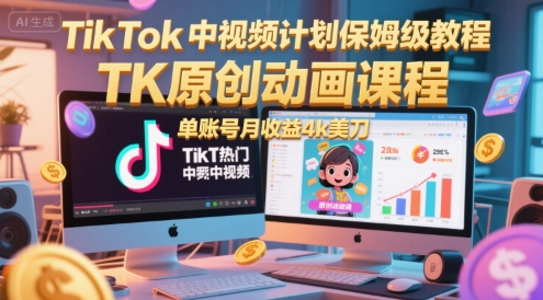 TikTok中视频计划保姆级教程，TK原创动画课程，单账号月收益4k美刀-云推网创项目库