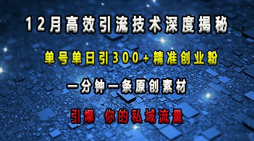 最新高效引流技术深度揭秘 ，单号单日引300+精准创业粉，一分钟一条原创素材，引爆你的私域流量-云推网创项目库