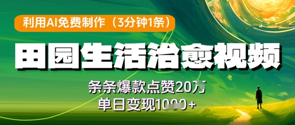 利用AI免费制作田园生活治愈视频，条条爆款点赞20W，单日变现几张-云推网创项目库