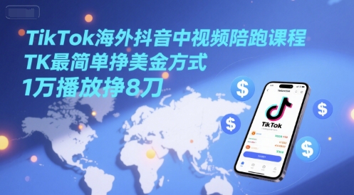 TikTok海外抖音中视频陪跑课程，TK最简单挣美金方式，1万播放挣8刀-云推网创项目库