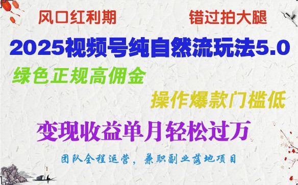 2025视频号纯自然流玩法5.0，绿色正规高佣金，操作爆款门槛低，变现收益单月轻松过万-云推网创项目库