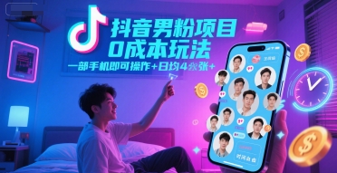 抖音男粉项目0成本玩法，一部手机即可操作，日均4张+，时间自由-云推网创项目库