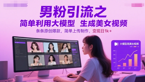 男粉引流之简单利用大模型生成美女视频，条条原创爆款，简单上传制作，变现日1k+-云推网创项目库