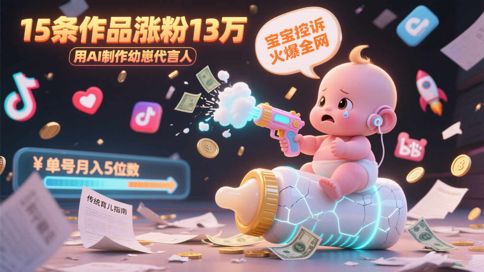 用AI制作幼崽代言人，宝宝的控诉火爆全网，15条作品涨粉13万，单号月入5位数实操教程-云推网创项目库