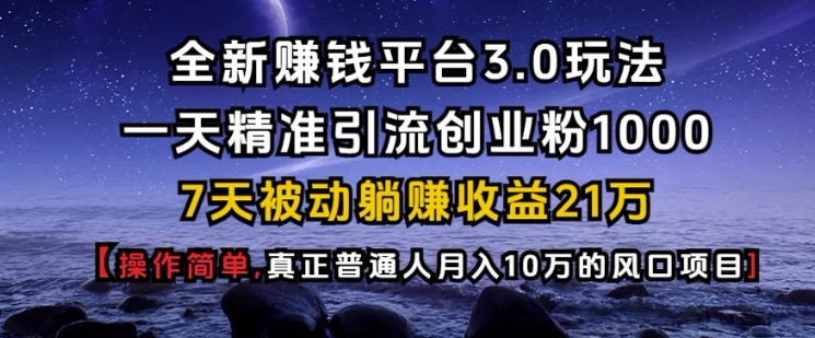 全新赚钱平台3.0玩法一天精准引流创业粉1000.7天被动躺Z收益21W【仅揭秘】-云推网创项目库