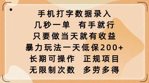 手机打字数据录入，几秒一单，有手就行，只要做当天就有收益，暴力玩法一天低保2张-云推网创项目库