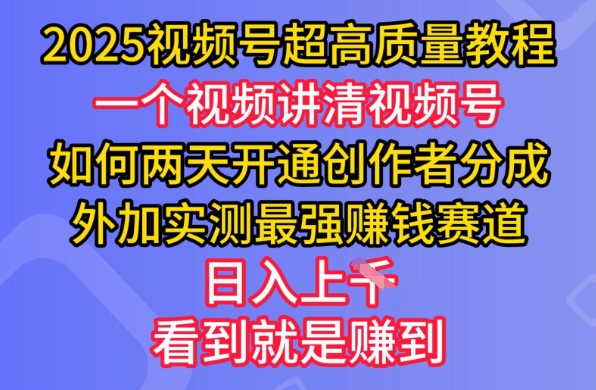 2025视频号超高质量教程，两天开通创作者分成，外加实测最强挣钱赛道，日入多张-云推网创项目库