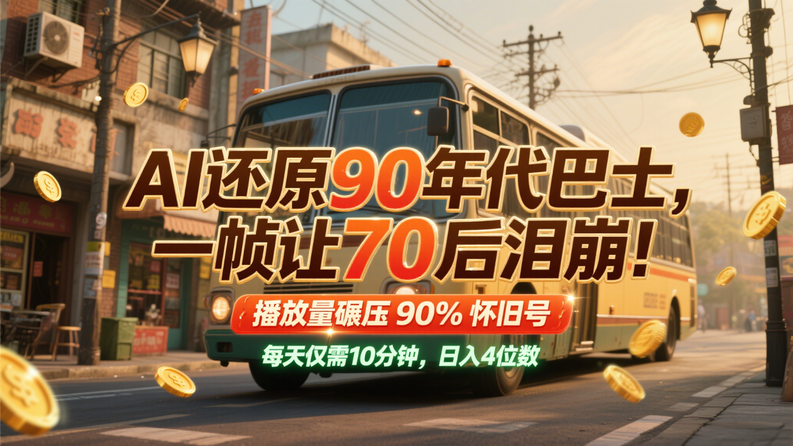 AI还原90年代巴士，一帧让70后泪崩！播放量碾压90%怀旧号，每天10分钟，日入4位数-云推网创项目库