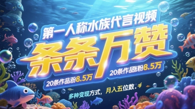 第一人称水族代言视频，条条万赞，20条作品涨粉7.8W，多种变现方式月入五位数-云推网创项目库